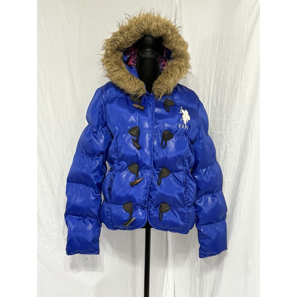 US Polo Assn. Puffer Jacket With Faux Fur Blue White Pony Size Large